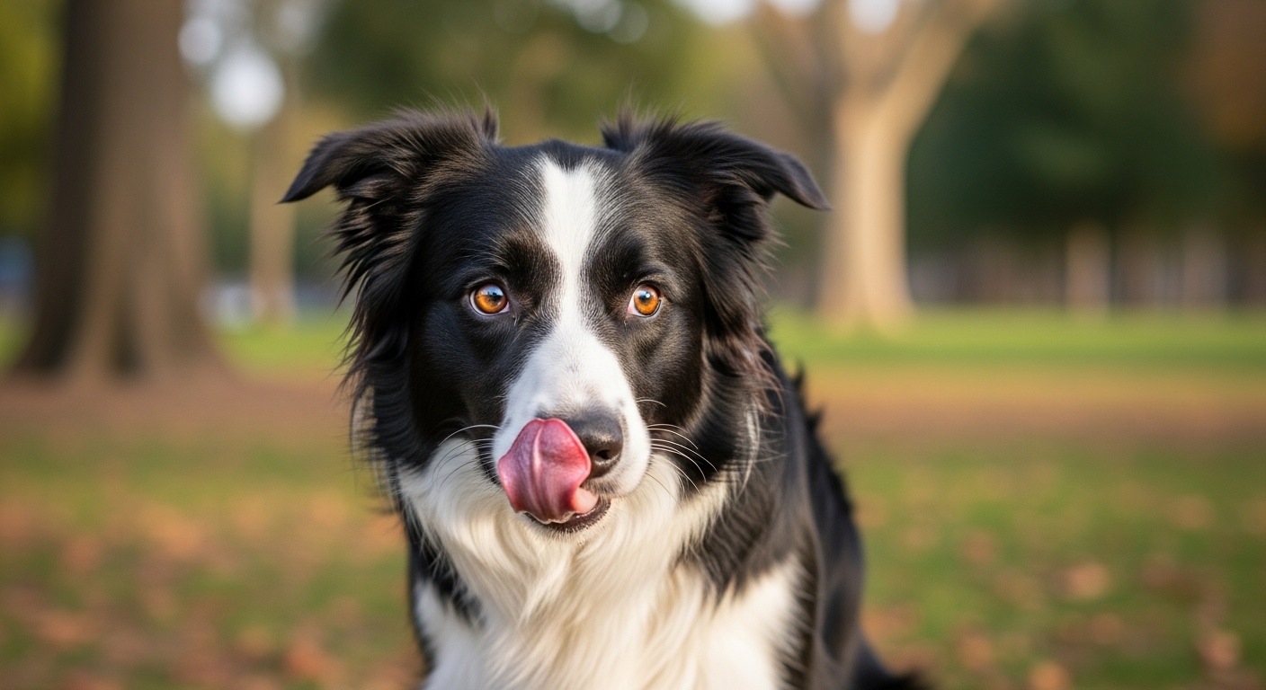Primer plano de un perro mostrando senales de estres y ansiedad orejas hacia atras y lamido de labios