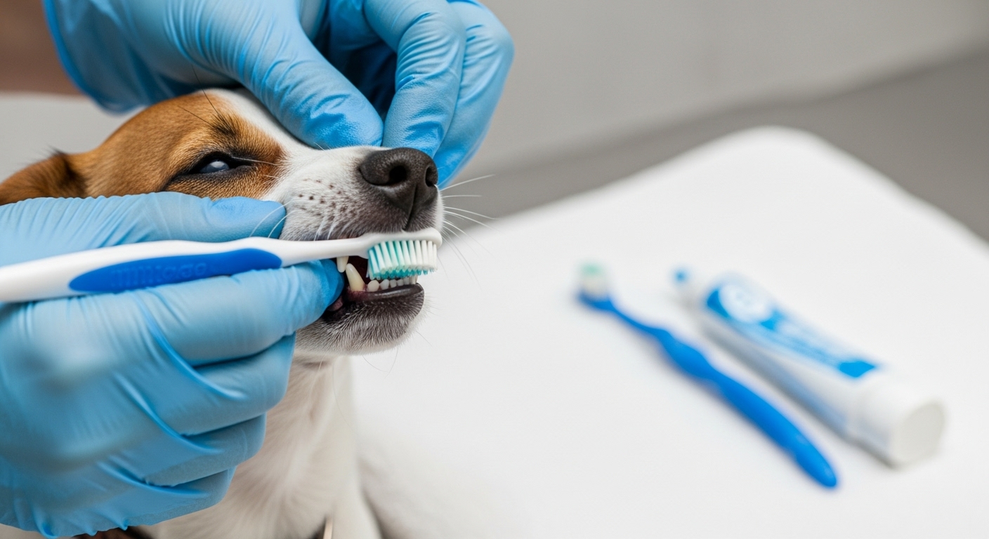 Primer plano del cepillado dental de un perro en casa mostrando la tecnica correcta