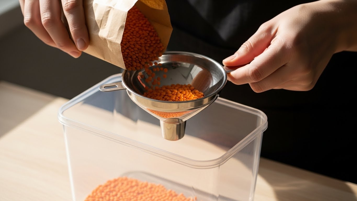 Por qué usar contenedores transparentes para organizar la despensa 2 Primer plano del proceso de trasvasar lentejas a un contenedor transparente usando un embudo