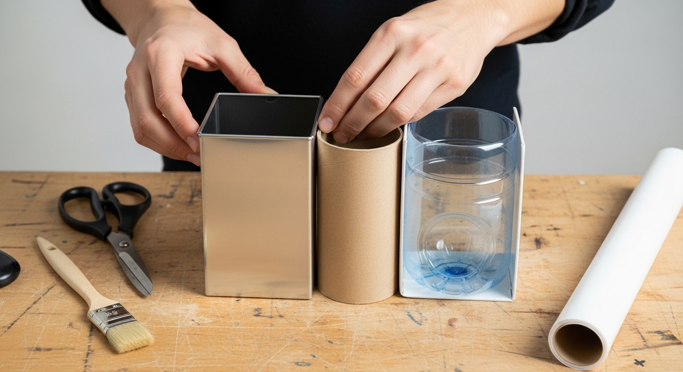 Proceso de creacion de un organizador de cables modular con diferentes materiales reciclados como cajas y botellas