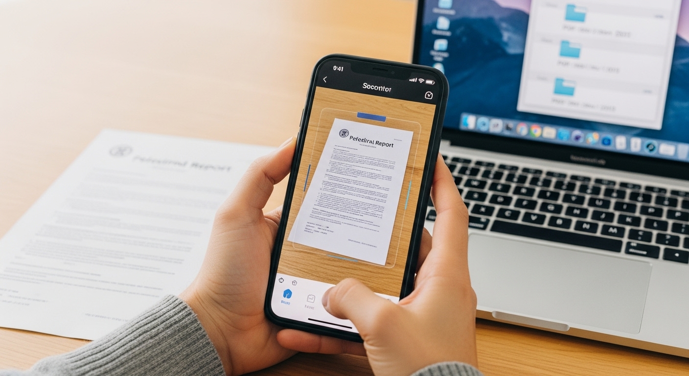 Proceso de digitalizacion escaneo de un documento con el movil y archivo en carpeta digital ordenada en portatil