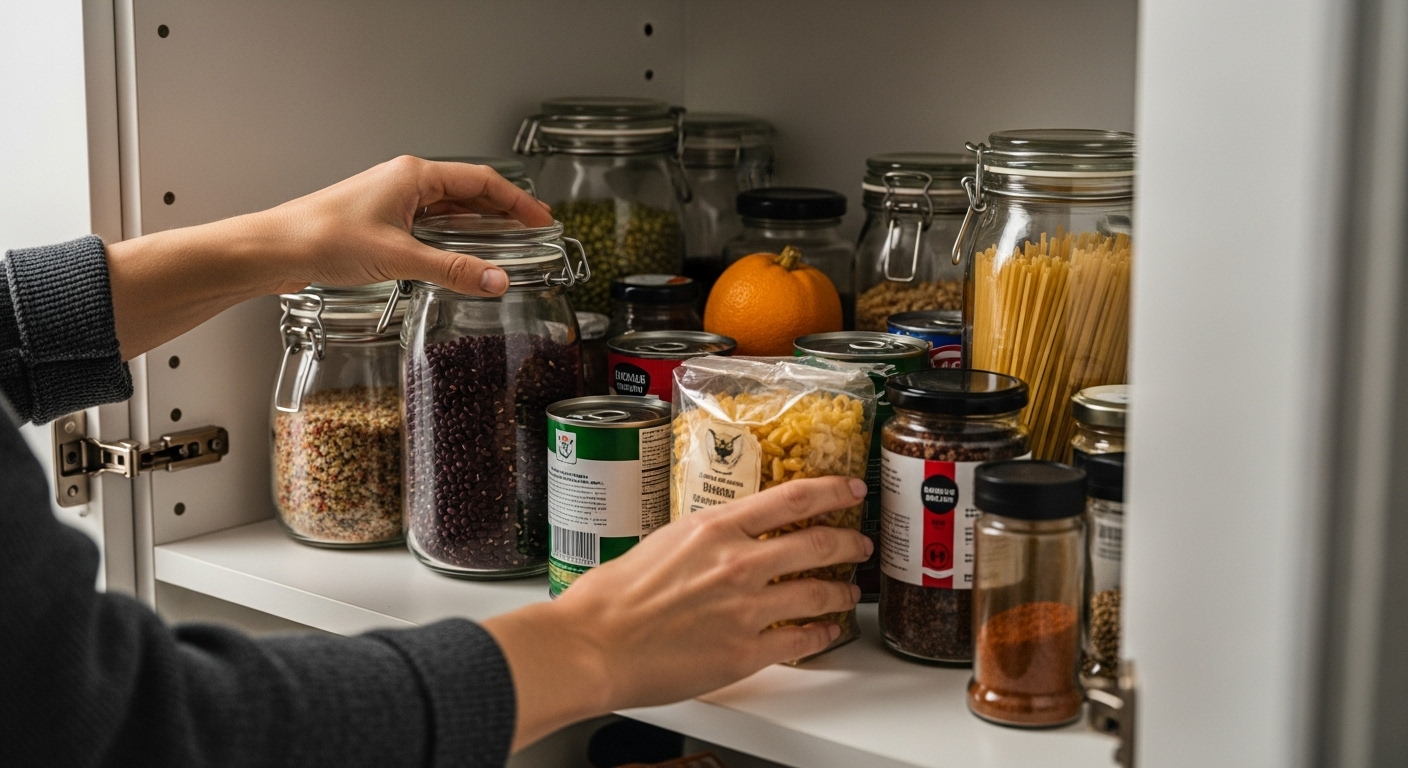 Revisando el inventario de la despensa antes de hacer el plan de comidas semanal