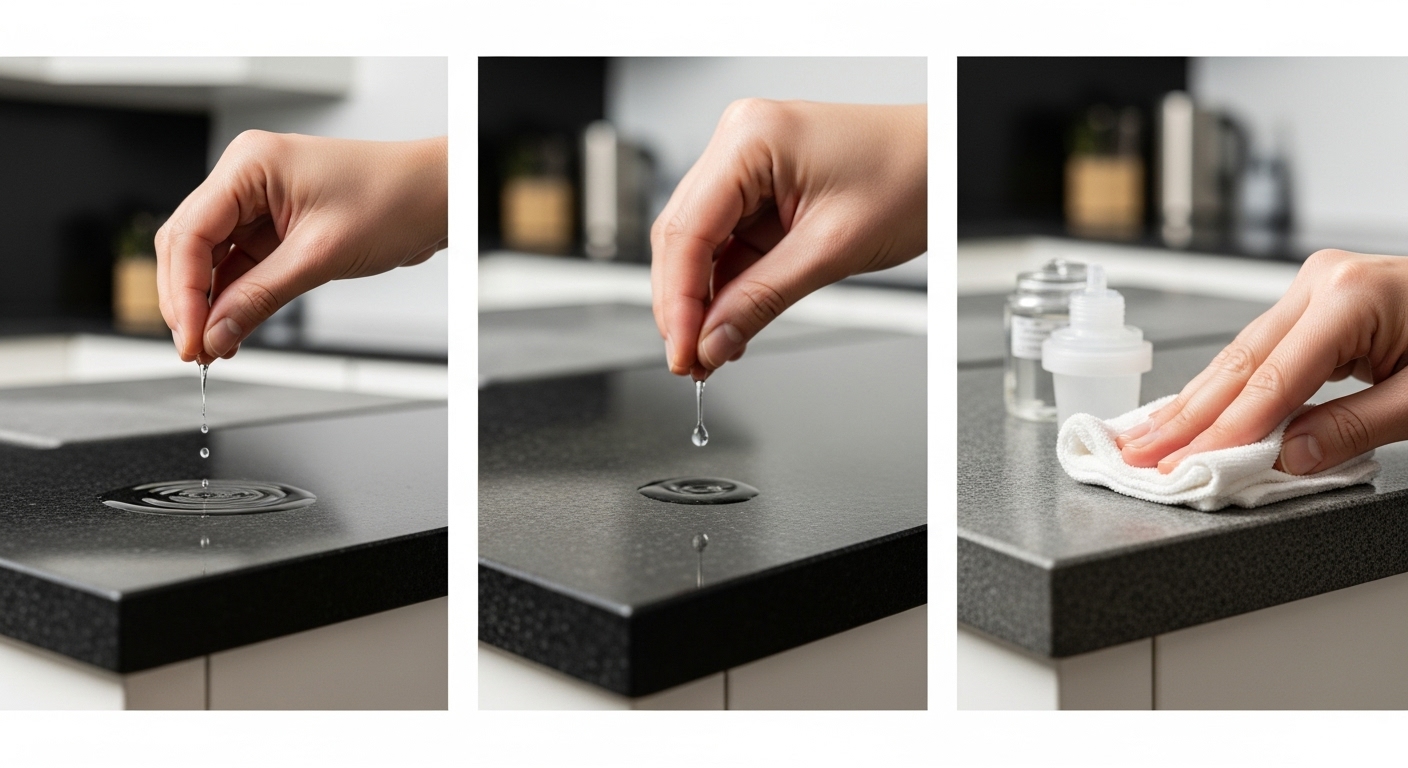 Secuencia que muestra la prueba de la gota de agua y la aplicacion de sellador en una encimera de piedra natural