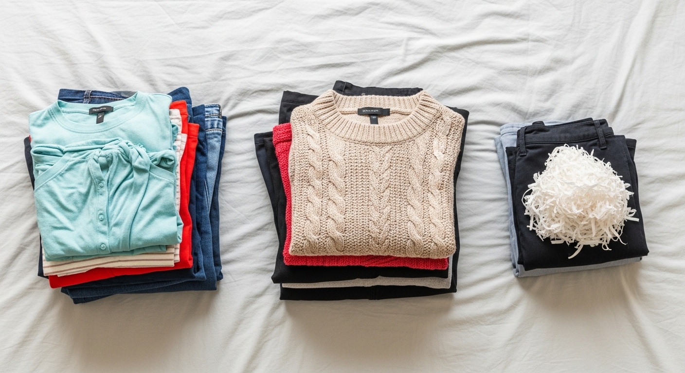 Tres pilas de ropa clasificadas donar guardar y descartar en el proceso de purga del armario