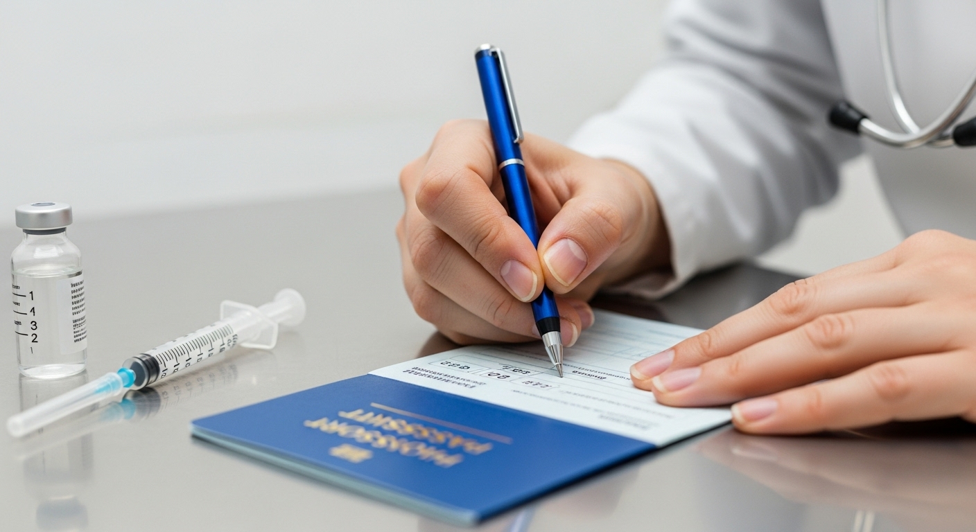 Veterinario anotando la fecha de la vacuna antirrabica en el pasaporte de una mascota