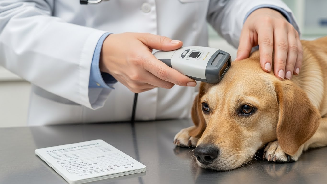 Requisitos y edad mínima para viajar con tu perro en la UE 1 Veterinario leyendo el microchip ISO 1178411785 de un perro para el pasaporte europeo