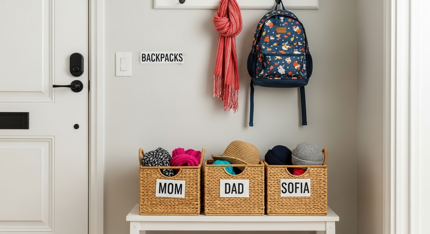 Cómo crear un sistema de organización familiar con etiquetas (que realmente funcione) 2 Zona de entrada organizada con cestas etiquetadas con nombres para pertenencias personales
