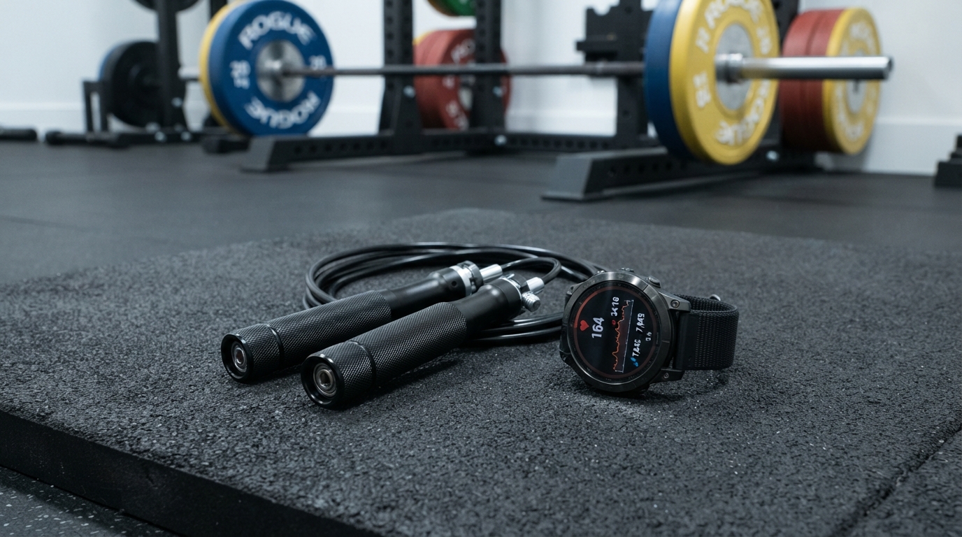 Cuerda de saltar de competicion y smartwatch sobre colchoneta negra simbolizando la tendencia tecnologica en el CrossFit