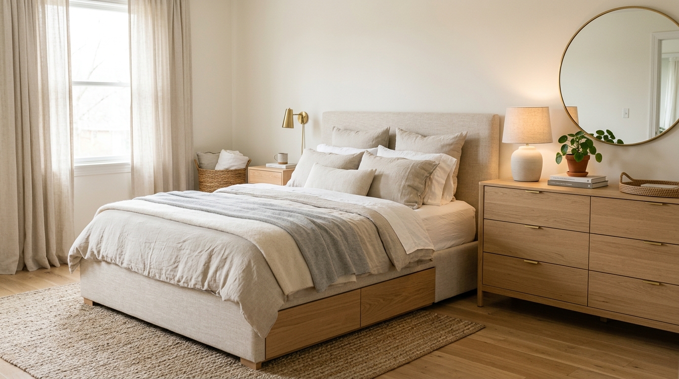 Dormitorio con almacenaje inteligente y decoracion veraniega