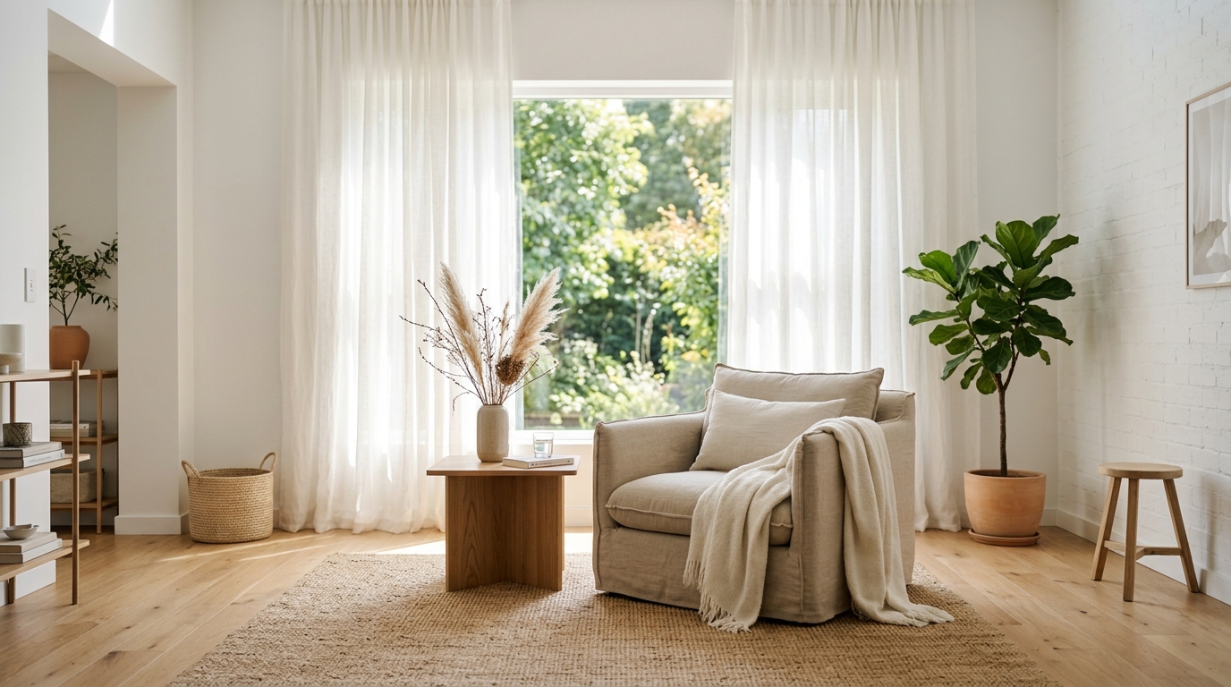 Espacio luminoso decorado con textiles ligeros para verano