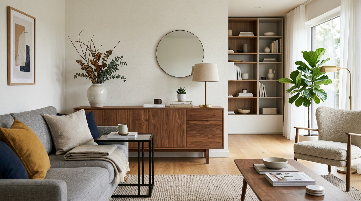 Salon organizado con aparador y muebles funcionales