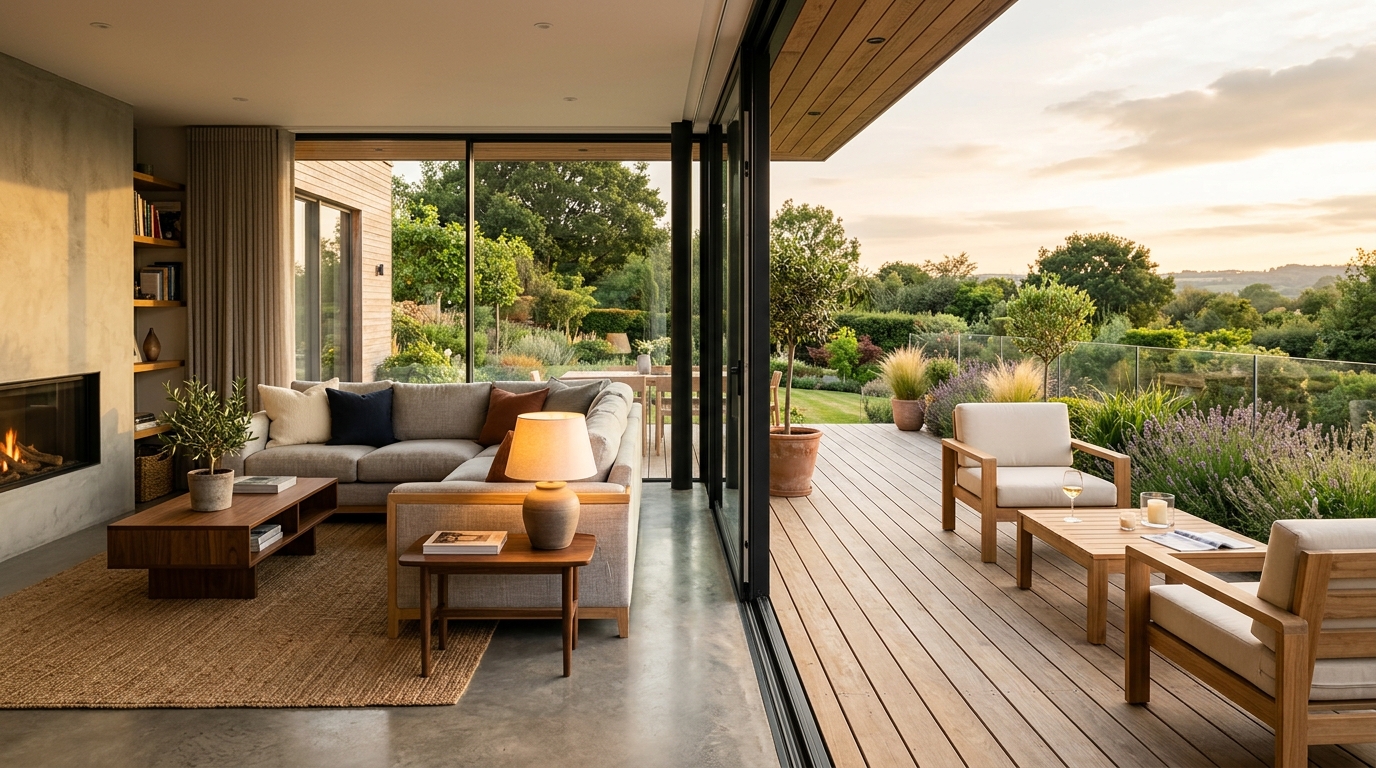 Continuidad entre iluminacion interior y exterior en una vivienda moderna