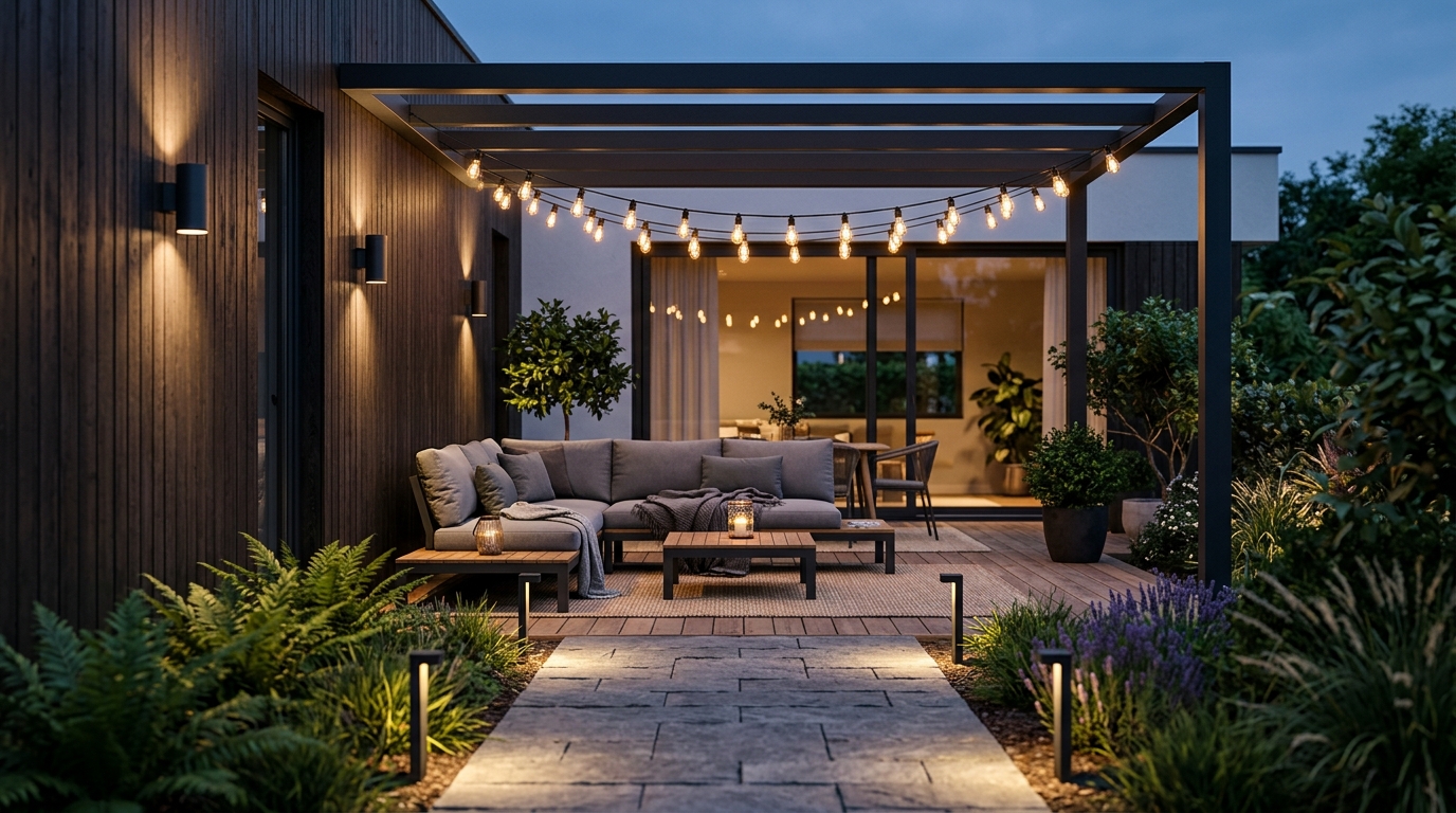 Diferentes luminarias utilizadas en una terraza moderna