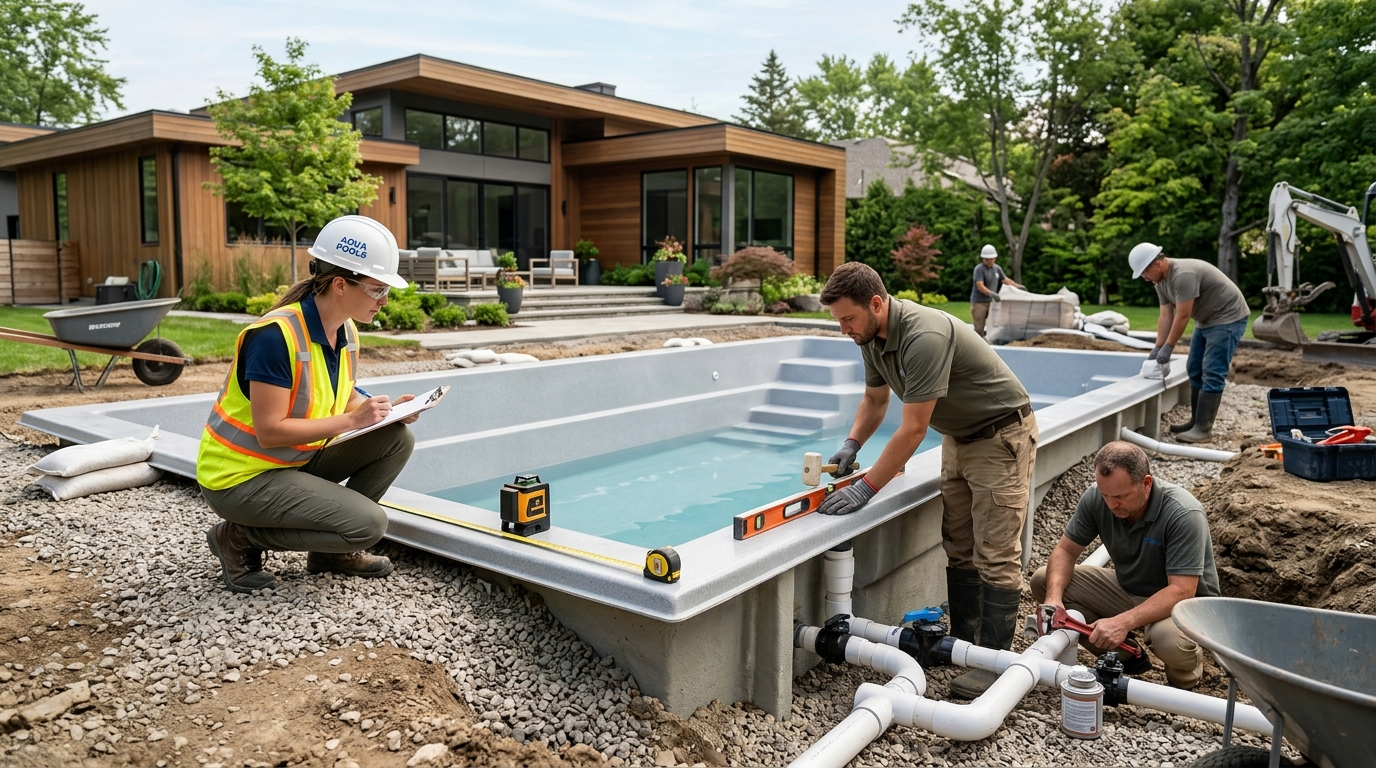 Profesionales instalando una piscina prefabricada