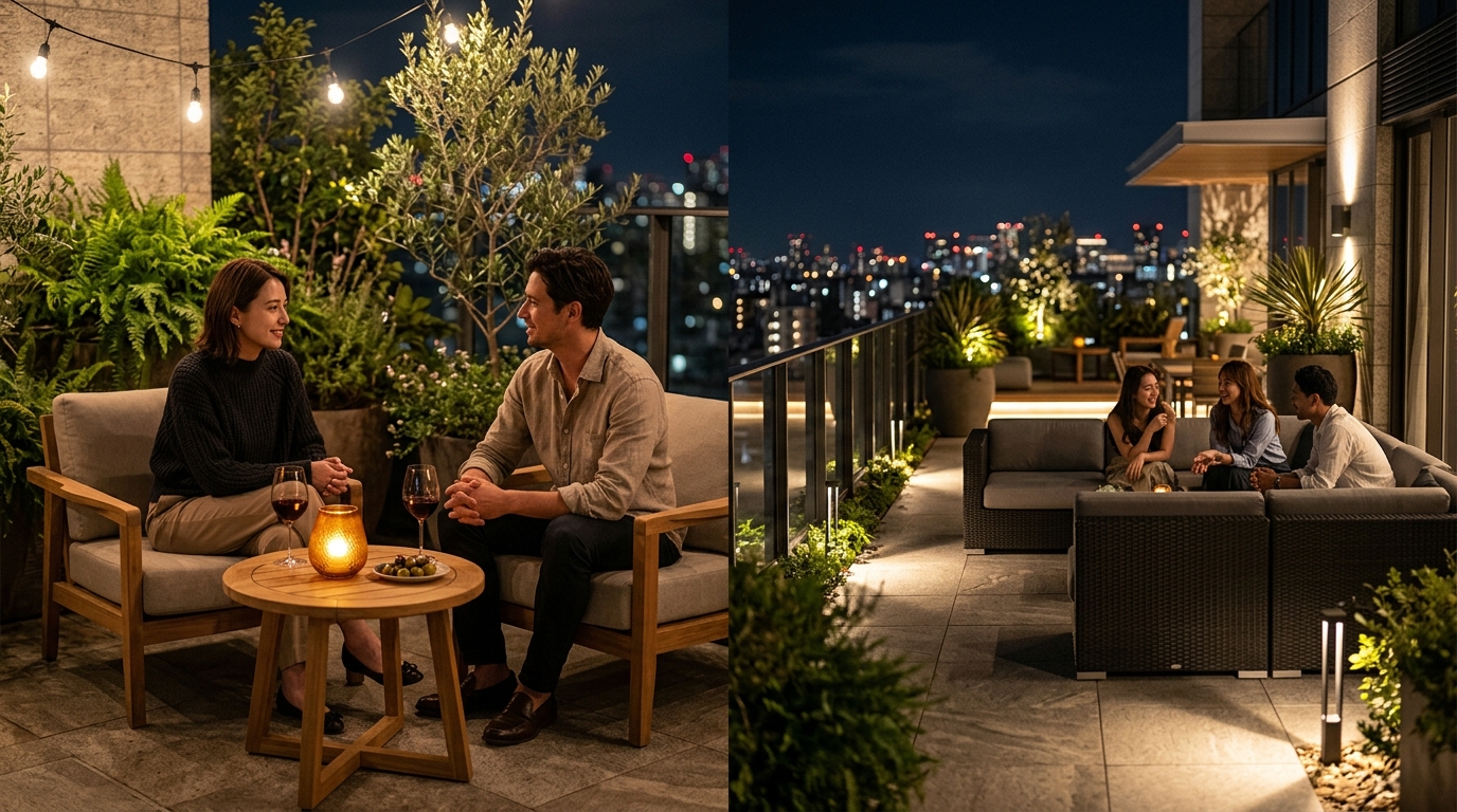 Terraza iluminada con luz calida para crear un ambiente acogedor