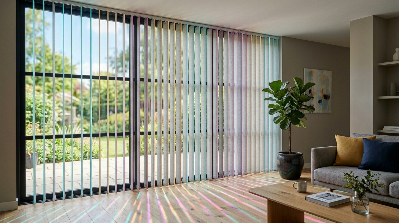 Ventanal decorado con cortinas verticales modernas