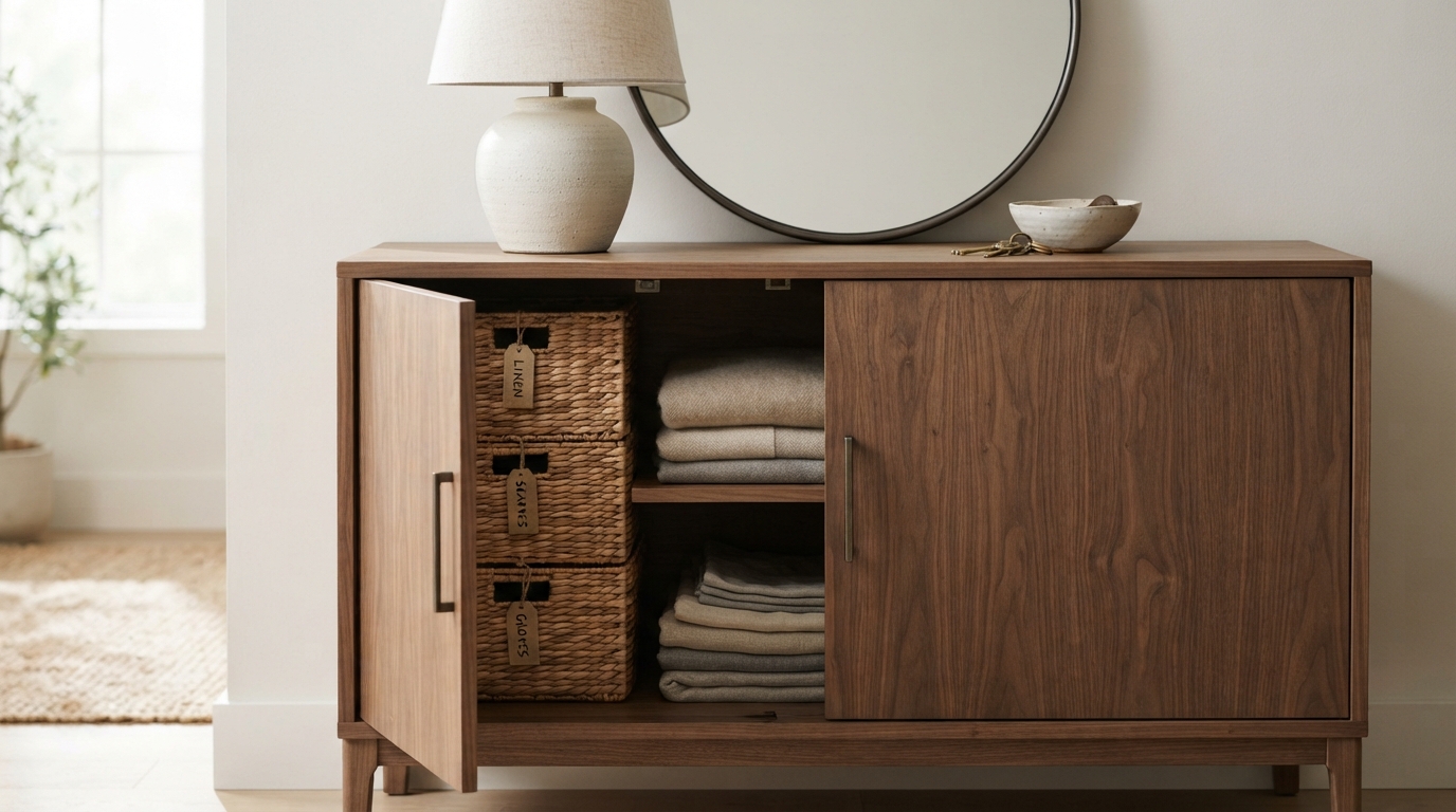 Cómo preparar tu casa para el verano con muebles duraderos y funcionales 3 Aparador de madera con almacenaje interior organizado y elementos decorativos