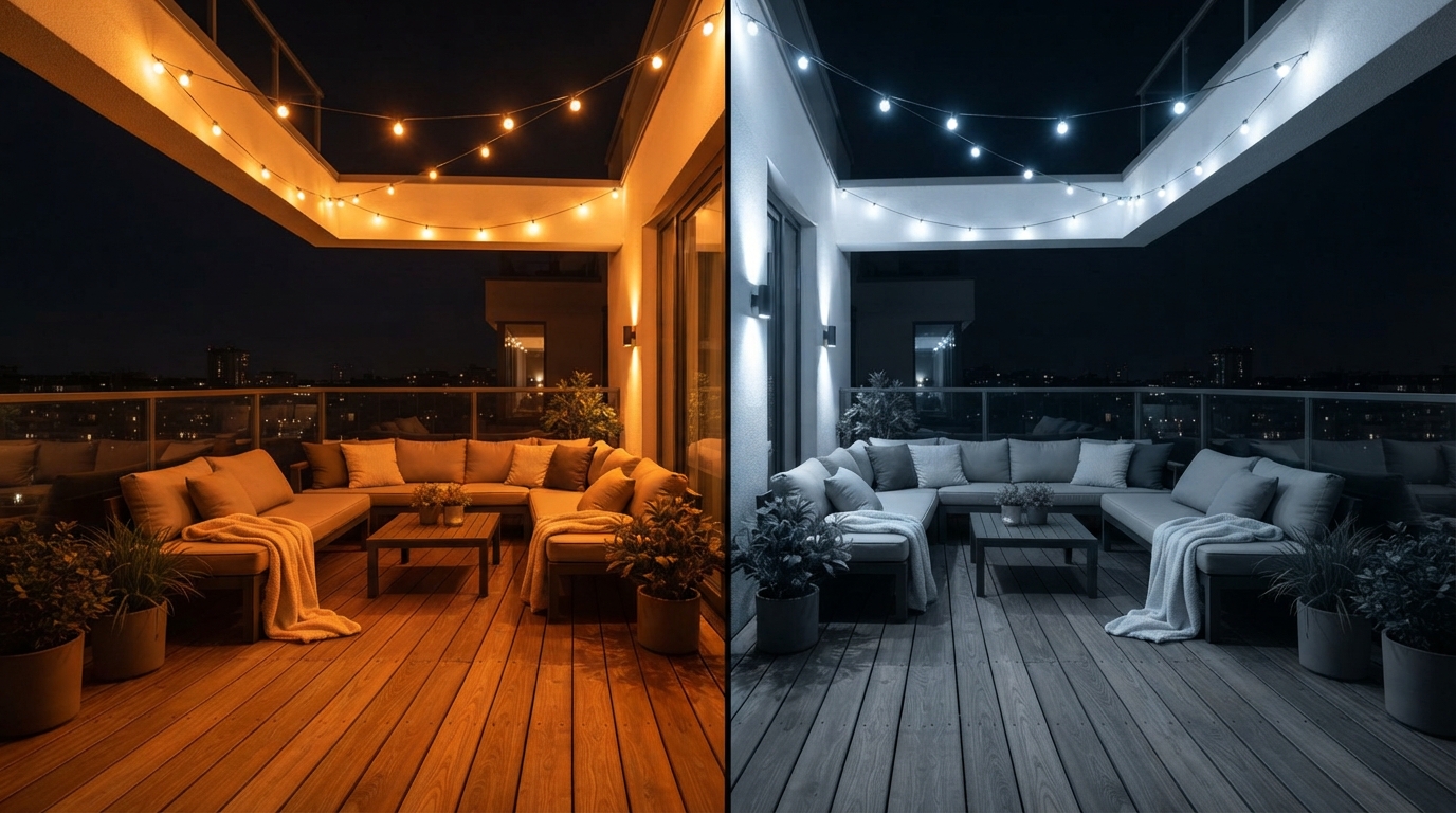 Cómo planificar la iluminación exterior de una terraza para crear un espacio más cómodo y atractivo 2 Comparativa de una misma terraza iluminada con luz calida izquierda frente a luz fria derecha mostrando el impacto en el ambiente