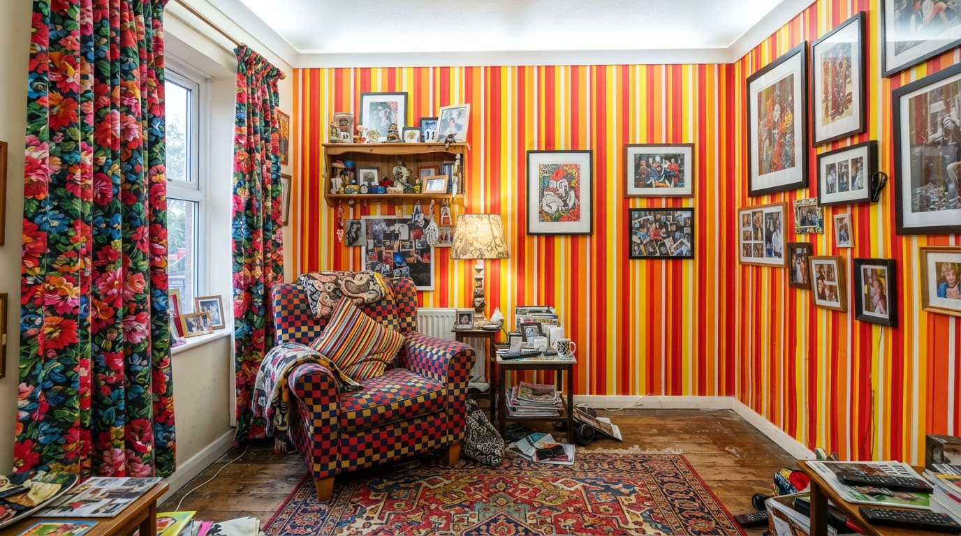 Cómo transformar tu hogar combinando cortinas y papel pintado 3 Ejemplo de decoracion fallida con exceso de estampados en cortinas y papel pintado