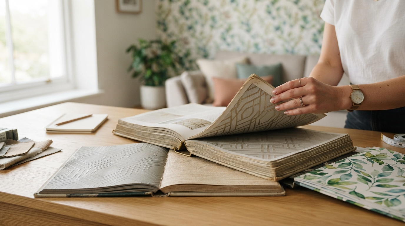 Cómo transformar tu hogar combinando cortinas y papel pintado 2 Interiorista eligiendo muestras de papel pintado con diferentes texturas y estampados para decorar un hogar