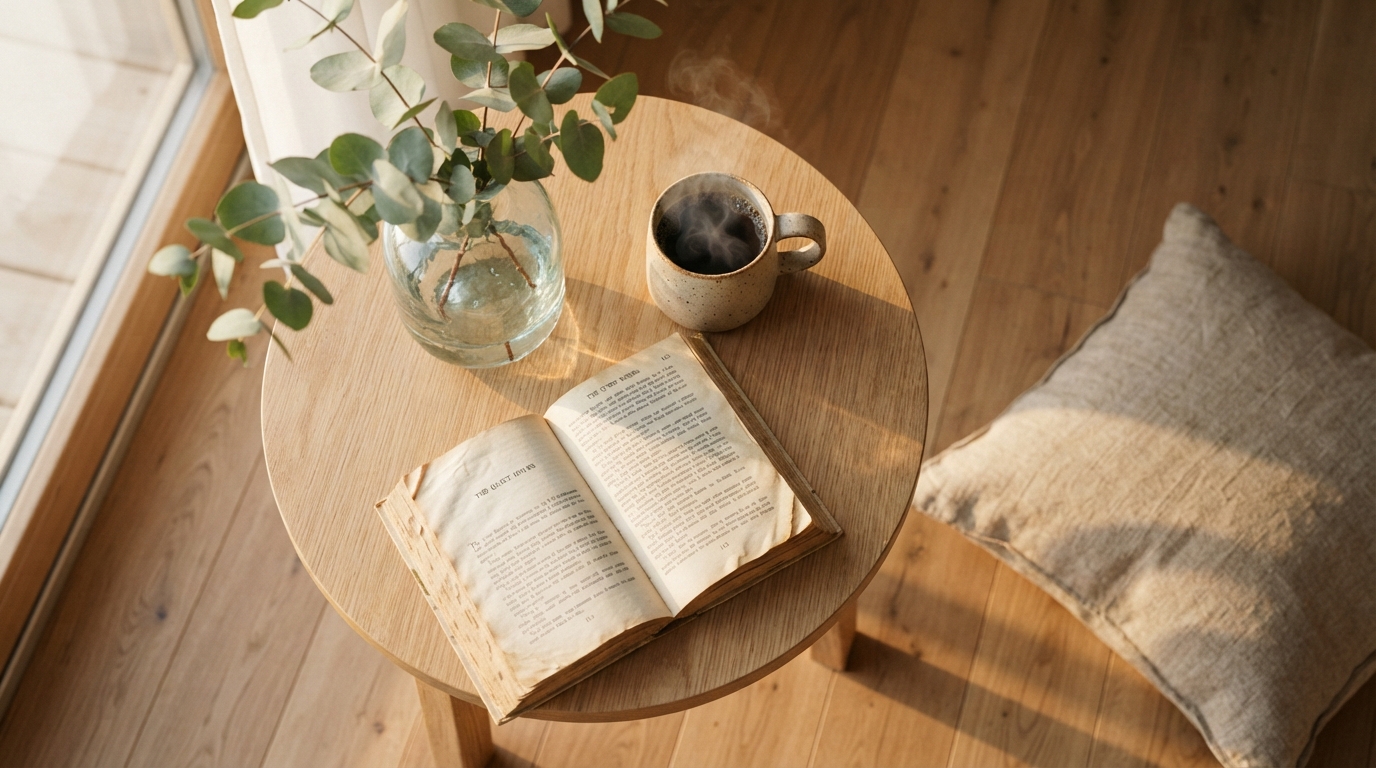 Cómo preparar tu casa para el verano con muebles duraderos y funcionales 1 Mesa auxiliar con elementos decorativos minimalistas que transmiten calma y orden