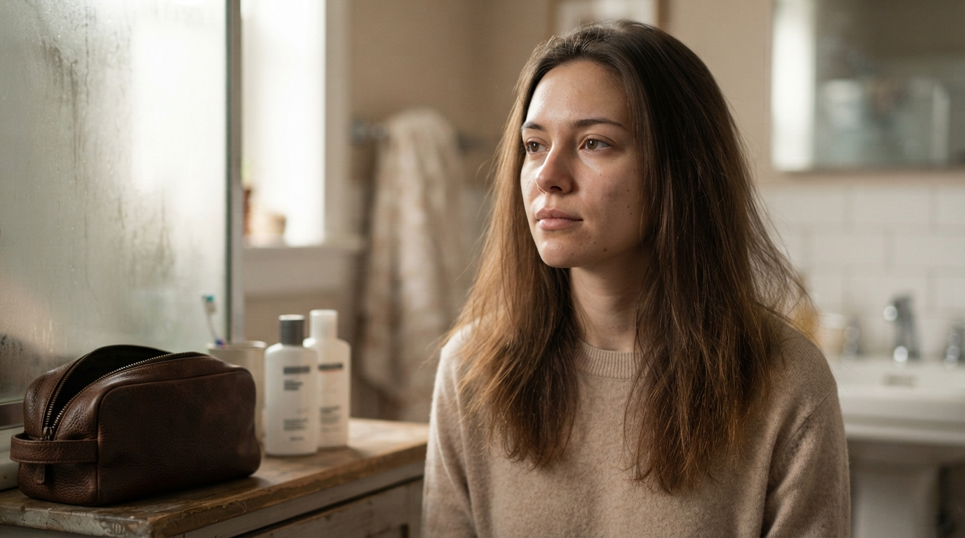Cómo recuperar un cabello apagado con productos de peluquería profesional 1 Mujer joven reflexiva mirandose al espejo en un bano luminoso tocandose su cabello opaco y encrespado