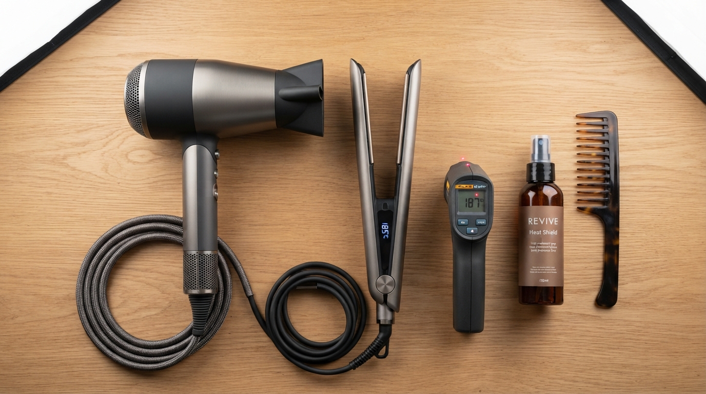 Cómo recuperar un cabello apagado con productos de peluquería profesional 3 Plano cenital de un secador de pelo y una plancha de alta gama sobre una mesa de madera con un termometro laser para control de temperatura