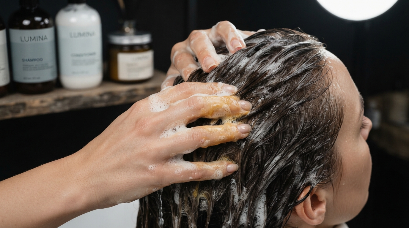 Cómo recuperar un cabello apagado con productos de peluquería profesional 2 Primer plano de manos aplicando champu profesional de textura cremosa en un cabello mojado y brillante