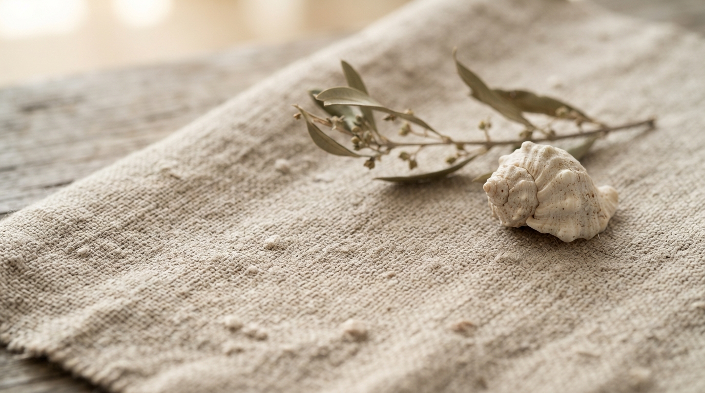 Cómo preparar tu casa para el verano con muebles duraderos y funcionales 2 Primer plano de textura de lino natural con elementos decorativos organicos