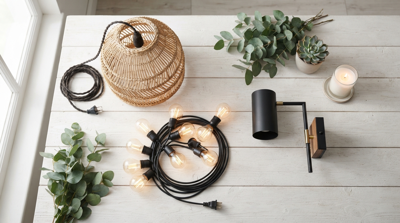 Cómo planificar la iluminación exterior de una terraza para crear un espacio más cómodo y atractivo 1 Tres tipos de luminarias para terraza lampara colgante de mimbre guirnalda LED vintage y aplique de pared minimalista