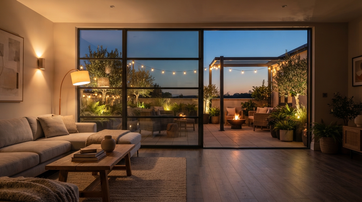 Cómo planificar la iluminación exterior de una terraza para crear un espacio más cómodo y atractivo 3 Vivienda moderna donde la iluminacion calida del interior y la terraza exterior crean una transicion visual fluida y coherente