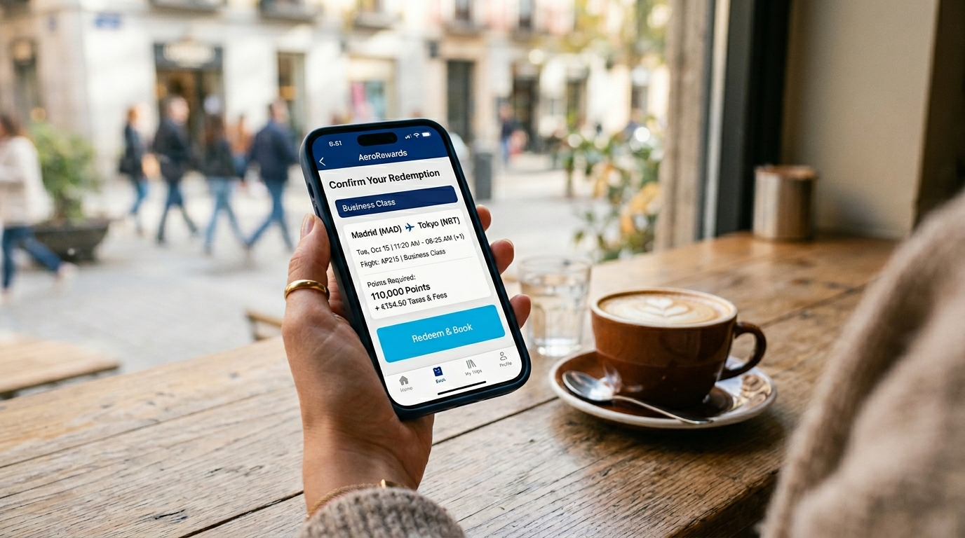 Guía Definitiva para Optimizar Programas de Millas y Puntos 2 Aplicacion movil mostrando un canje de vuelo a Tokio con millas