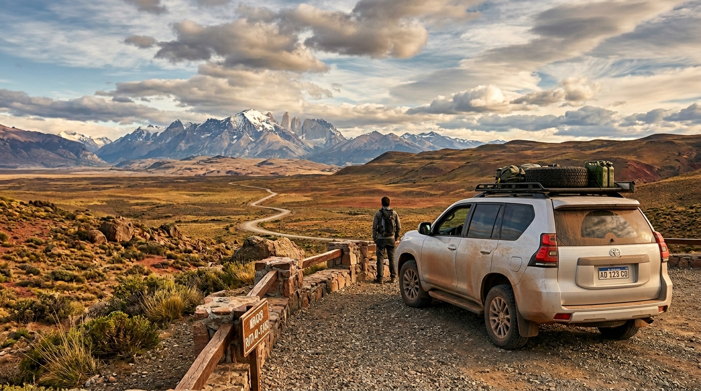 Guía para Recorrer la Patagonia por Libre: Del Bolsón a Ushuaia 1 Coche de alquiler en la Ruta 40 patagonica con paisaje de estepa