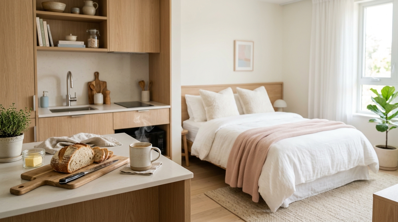 Cómo Ahorrar Dinero en Alojamiento Sin Sacrificar Comodidad 1 Interior luminoso de apartamento moderno con cocina y cama al fondo