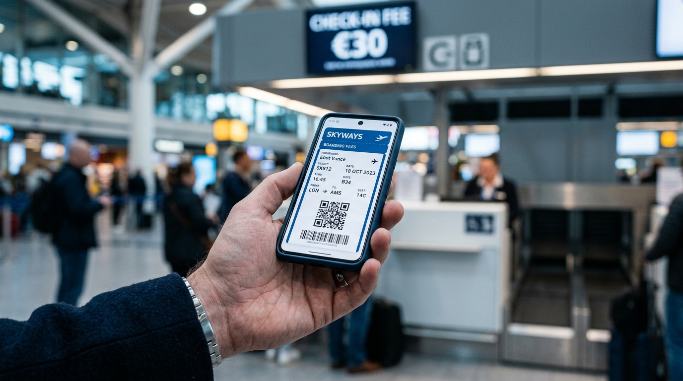 Trucos para Evitar Cargos Ocultos en Aerolíneas Low Cost (y no pagar de más) 2 Persona mostrando tarjeta de embarque en movil para evitar coste de check in en aeropuerto