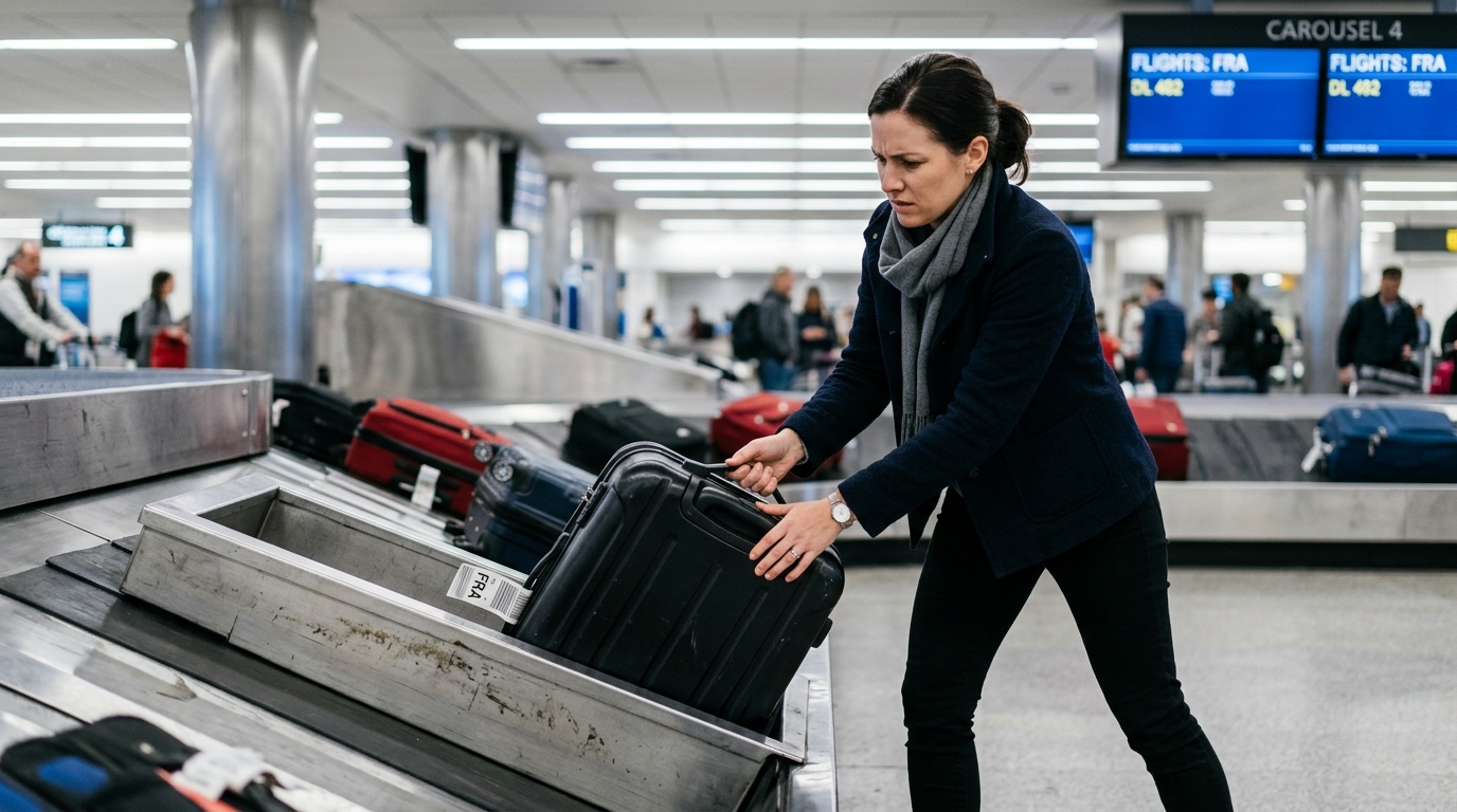 Trucos para Evitar Cargos Ocultos en Aerolíneas Low Cost (y no pagar de más) 1 Viajero midiendo maleta de cabina en medidor de aeropuerto para evitar tasas de equipaje