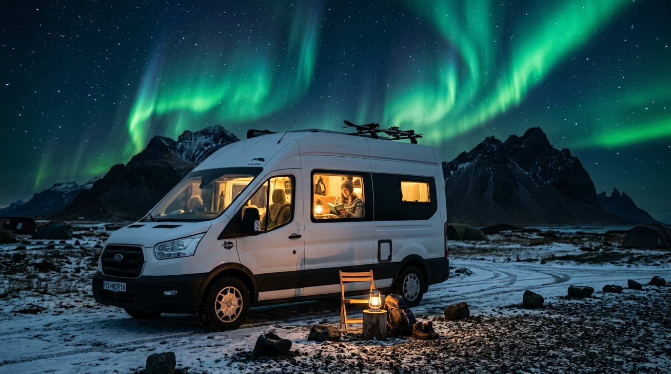 Guía Completa para Viajar a Islandia por Libre: Organiza tu Aventura 1 furgoneta camper con auroras boreales en islandia