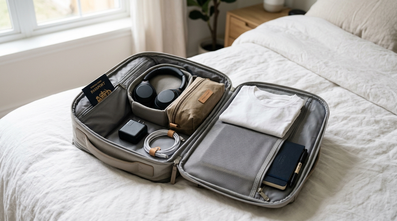 Cómo Preparar un Viaje de Última Hora Sin Pagar de Más 2 interior de una mochila de viaje organizada con objetos esenciales