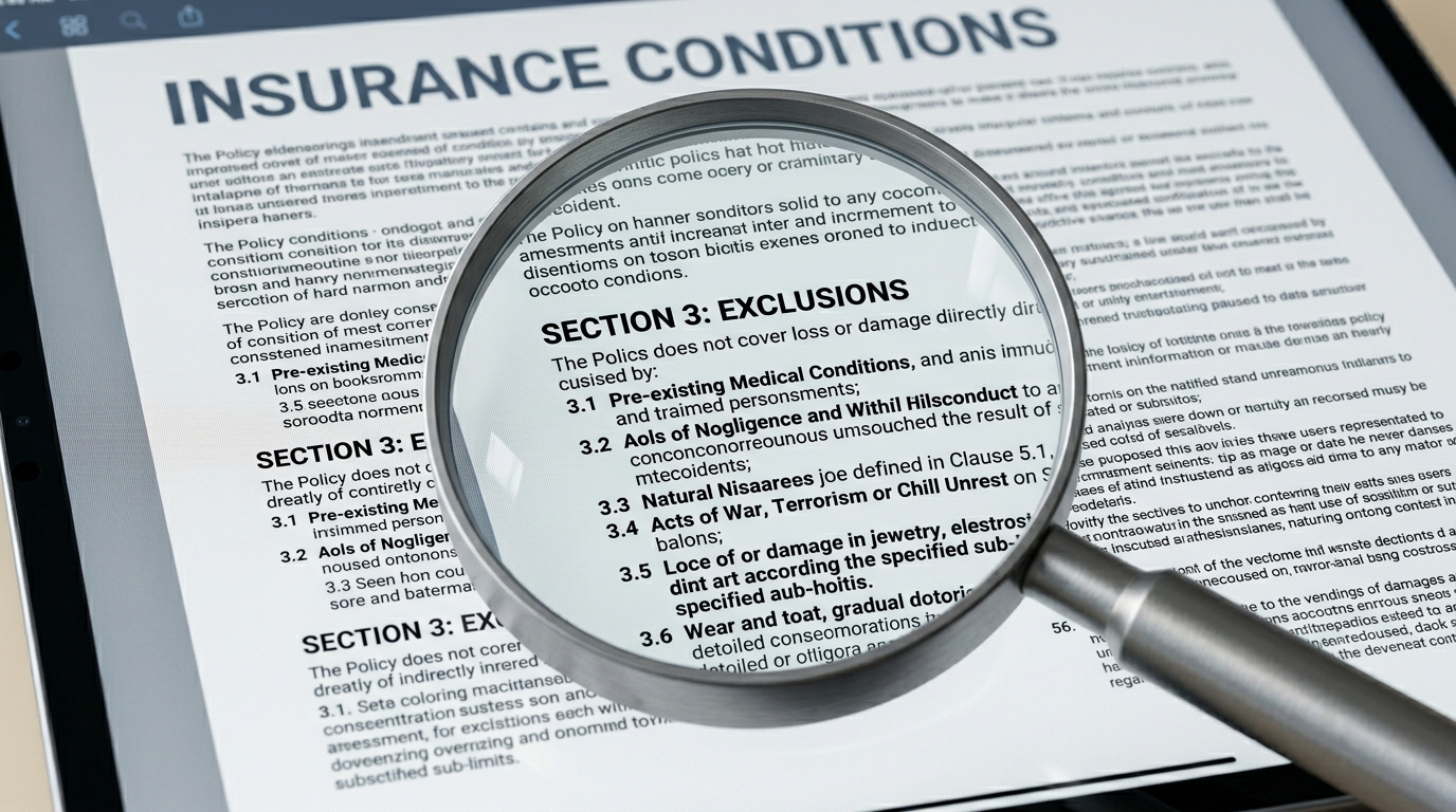 Seguro de Viaje: Qué Cubre Realmente y Qué No 2 lupa moderna enfocando exclusiones en contrato de seguro actual