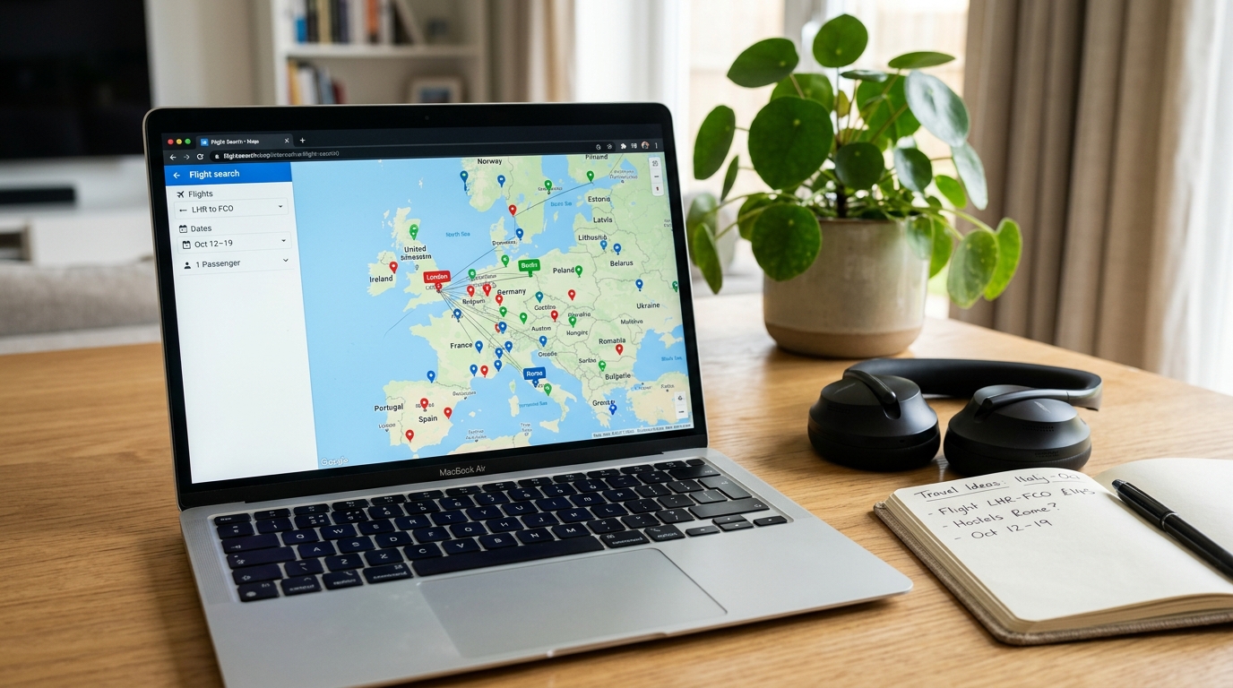 Cómo Preparar un Viaje de Última Hora Sin Pagar de Más 1 pantalla de ordenador mostrando mapa de buscador de vuelos con precios