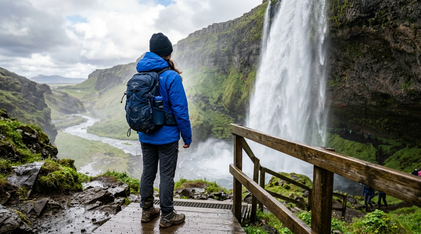 Guía Completa para Viajar a Islandia por Libre: Organiza tu Aventura 2 persona con ropa de capas mirando cascada islandesa