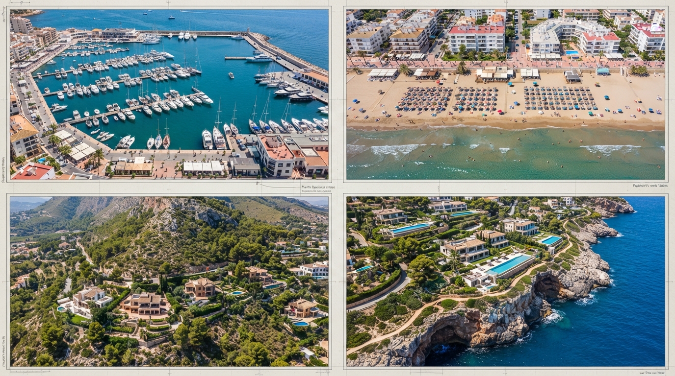 Se dispara la venta de apartamentos en Dénia 1 Imagen compuesta que muestra las cuatro zonas principales de Denia puerto playa urbana ladera del Montgo y acantilados exclusivos de Las Rotas
