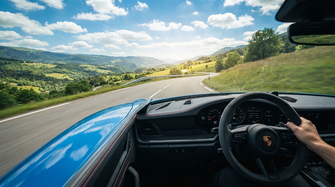 GT Rentals: así cambia un viaje cuando pruebas el alquiler de coches de lujo 2 Interior de un coche deportivo de lujo y vista al paisaje desde la perspectiva del conductor