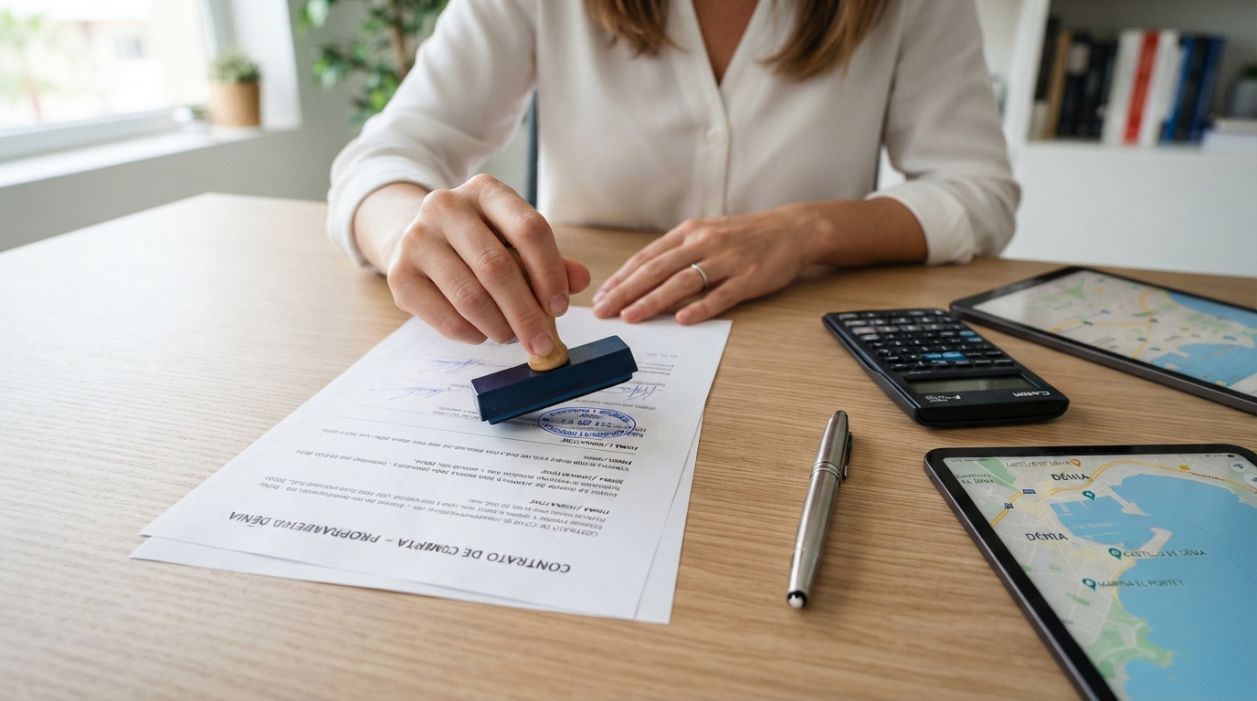 Se dispara la venta de apartamentos en Dénia 3 Primer plano de manos de un profesional sellando un documento de compraventa de un apartamento en Denia sobre una mesa de oficina con calculadora y tablet