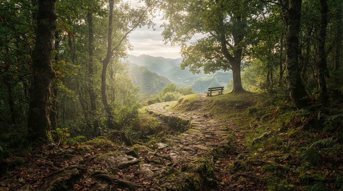 Claves para vivir Asturias con calma y discreción 2 Sendero en un bosque asturiano banado por la luz del sol invitando a la