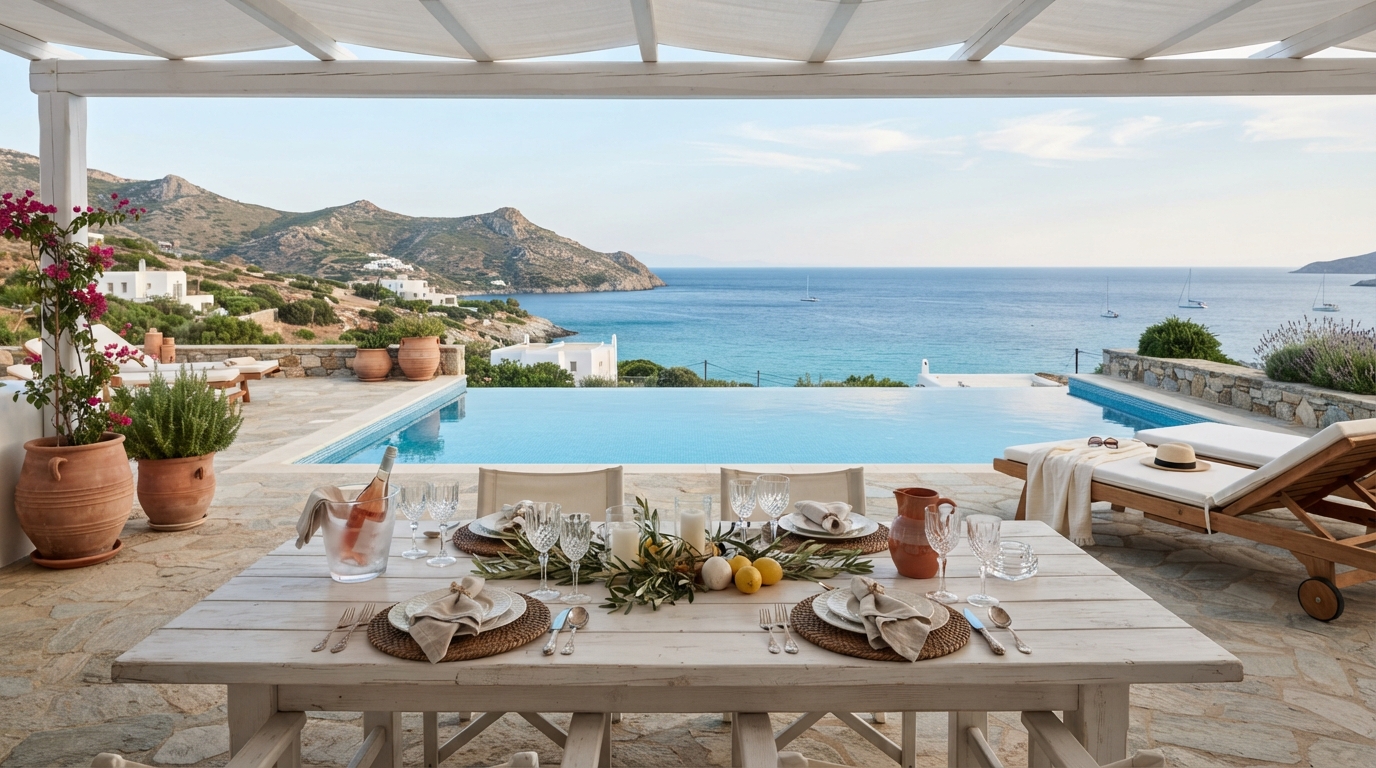 Se dispara la venta de apartamentos en Dénia 2 Terraza luminosa de un apartamento en Denia con mesa preparada para cenar piscina y vistas al mar Mediterraneo ideal para alquiler vacacional